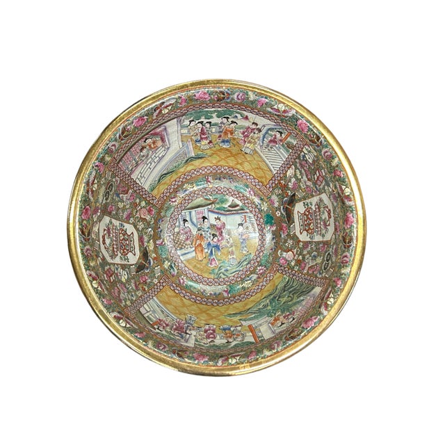 Vintage Chinese Famille Rose People House Graphic Large Porcelain Bowl Pot For Sale - Image 9 of 12