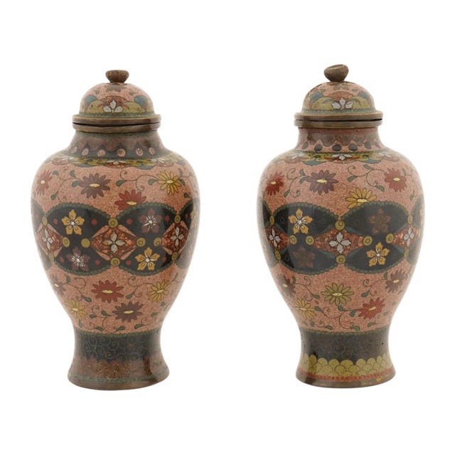 Brown Pair of Early Meiji Japanese Cloisonne Enamel Jars Attributed Namikawa Yasuyuki For Sale - Image 8 of 10