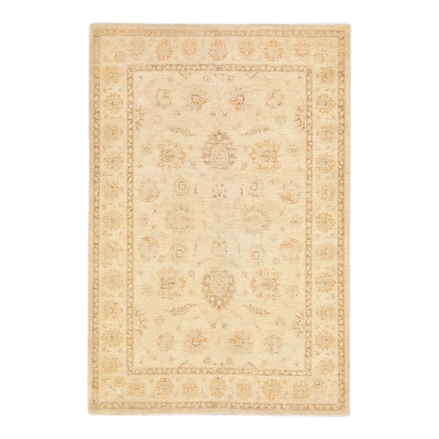 Beige Modern Oushak Handmade Floral Designed Wool Rug For Sale