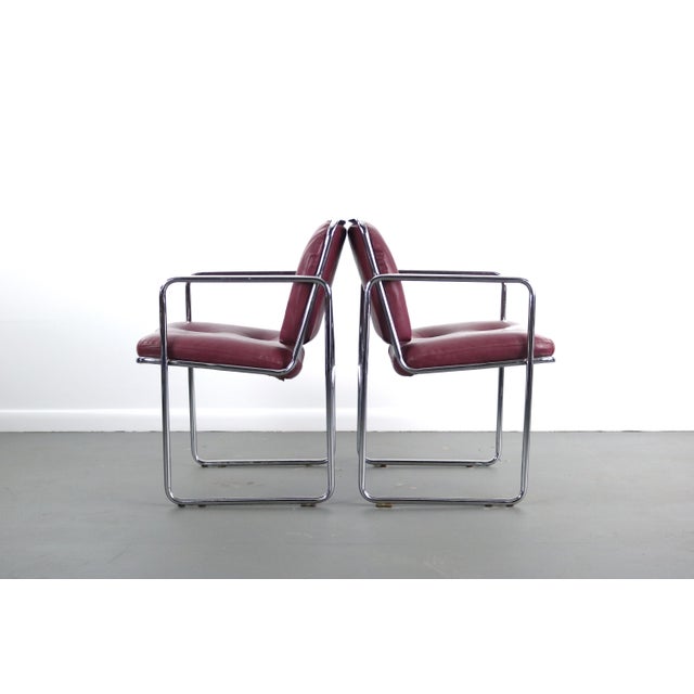 Metal Mid Century Modern Lounge Chairs in Tubular Chrome and Rich Oxblood Faux Leather - a Pair For Sale - Image 7 of 10