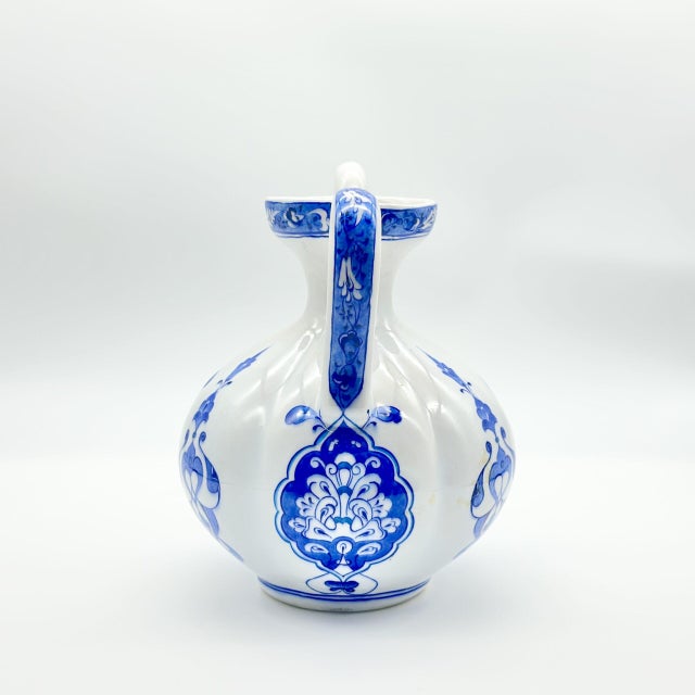 Blue Handmade Ceramic Fluted Ewer (20cm) Blue & White Traditional Pitcher Form – Decorative Ribbed Jug For Sale - Image 8 of 9