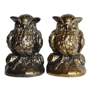 Mid-Century Bronzed Metal Owl Bookends - a Pair For Sale