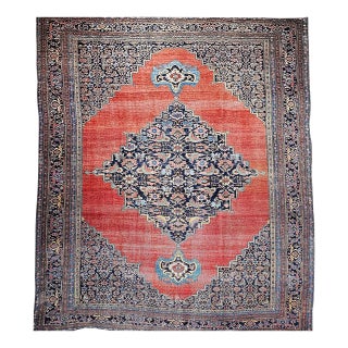 19th Century Bidjar Rug, Handwoven Wool, Geometric Pattern, Red & Navy, 11’ X 15’ For Sale