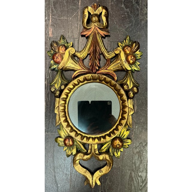 Mid-Century Italian Carved Giltwood & Painted Fruit and Ribbon Wall Mirror For Sale - Image 4 of 5