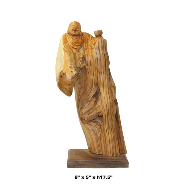 Wood Chinese Cypress Wood Carved Irregular Shape Happy Buddha Statue For Sale - Image 7 of 8