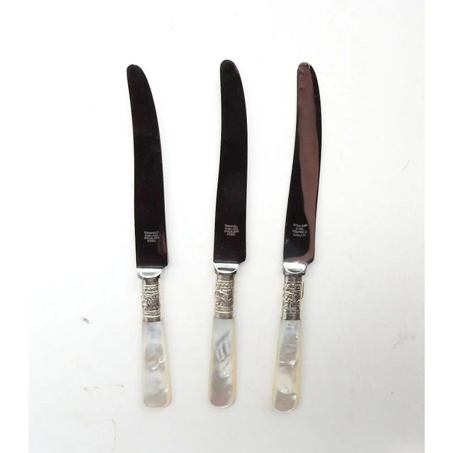 Art Nouveau Mother of Pearl & Silverplate Dessert Knives - Set of 3 For Sale - Image 3 of 5