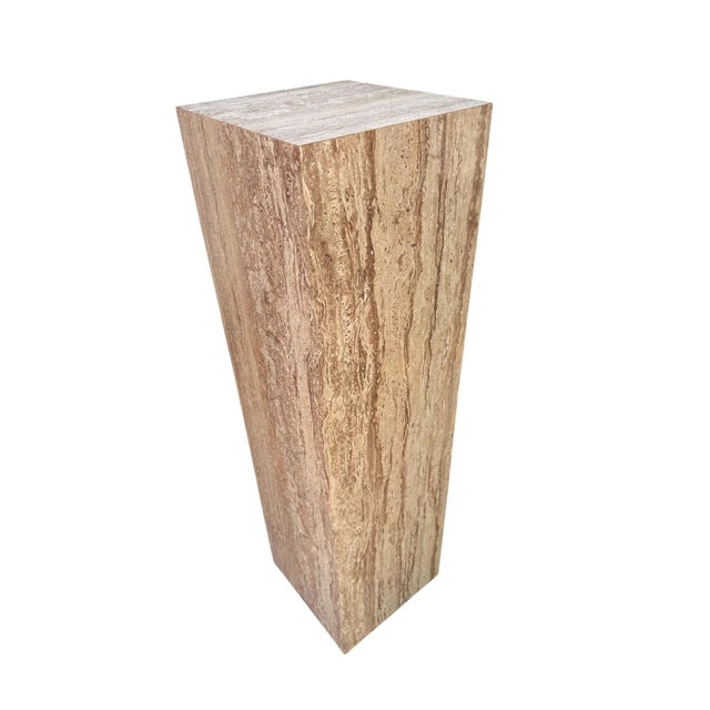 Postmodern Faux Travertine Laminate Pedestals - A Pair This pair of pedestals consists of a taller and shorter pedestal...