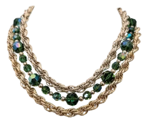 Vintage 1960s Signed Napier Goldtone 3-Strand Green Aurora Borealis Beaded Necklace
