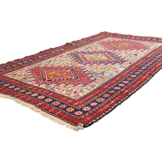 79743 Vintage Caucasian Soumak Rug, 03'10 x 06'03. The Mountain Bestiary: A Vintage Caucasian Soumak Masterpiece of...