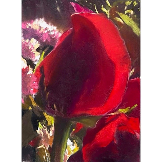 December Rose Opening by Bruce A Gómez | Pastel of a red rose bud with green leaves For Sale