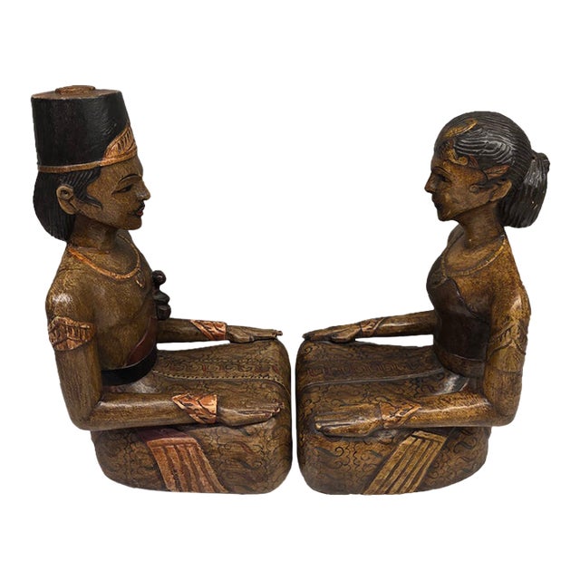 Mid-Century Balinese Hand-Carved Teakwood Kneeling Ceremonial Couple - A Pair For Sale