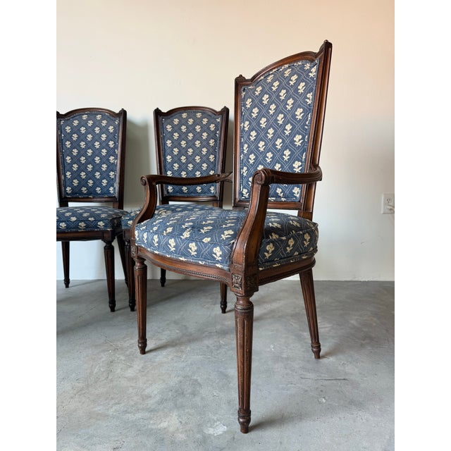 Vintage French Country Louis XVI–Style Carved Wood Frame Dining Chairs – Set of 4 For Sale - Image 4 of 12