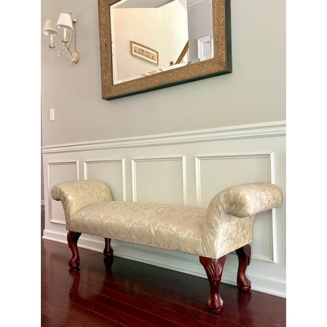 Vintage Carved Wood Damask Upholstered Settee / Bench – 62” For Sale - Image 4 of 9