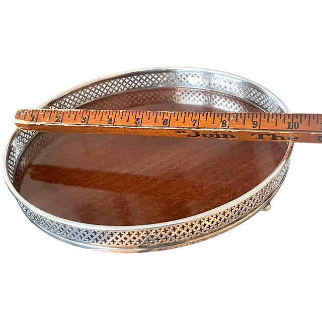 Coffee Vintage Silverplate & Mahogany Circular Gallery Tray With Pierced Quatrefoil Edge and Three Ball Feet For Sale - Image 8 of 9
