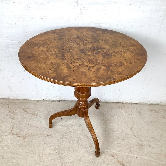 Transitional Weiman Oxford Burl Veneer Pedestal Accent Table For Sale - Image 3 of 16