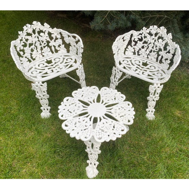 Mid 20th Century Mid 20th Century Exquisite Wrought Iron Victorian Style Grape Vine Leaf Settee, 2 Chairs and Table, 4 Pieces Excellent "Mint" Condition.. For Sale - Image 5 of 12