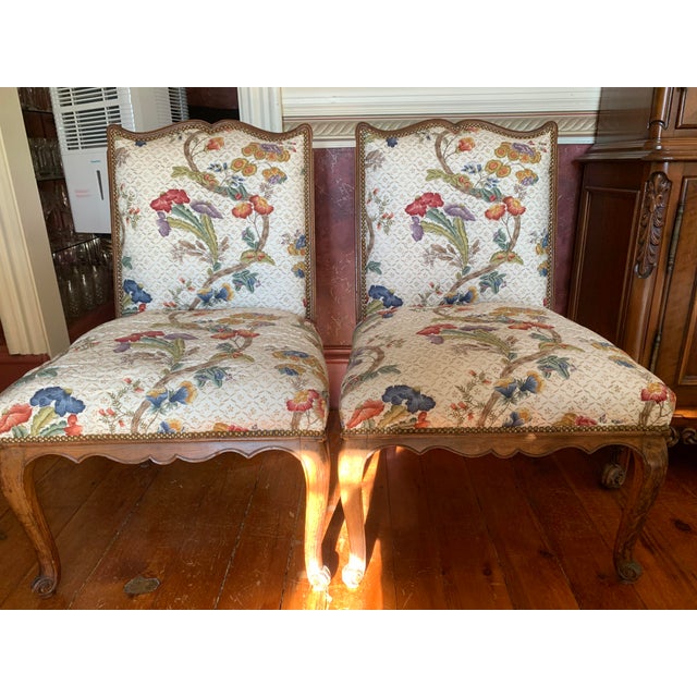 Antique Designer Fabric Upholstered Side Chairs - a Pair For Sale - Image 12 of 12