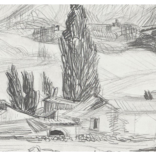 Vintage mid-century landscape drawing in pencil on paper from France. Comes with acid free mat and foamcore backing. size...