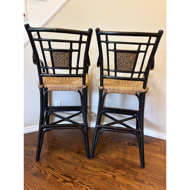 Hollywood Regency Pair of Hollywood Regency Chinoiserie Black Bamboo Arm Barstools For Sale - Image 3 of 12