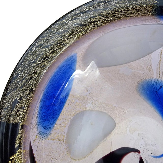 Murano Murano Vintage Gold Flecks Blue Purple Black White Spots Italian Art Glass Midcentury Bowl For Sale - Image 4 of 11