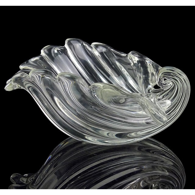 Mid-Century Modern Cartier Signed Seguso Murano Vintage Crystal Clear Ribbed Surface Italian Art Glass Seashell Shell Bowl For Sale - Image 3 of 11