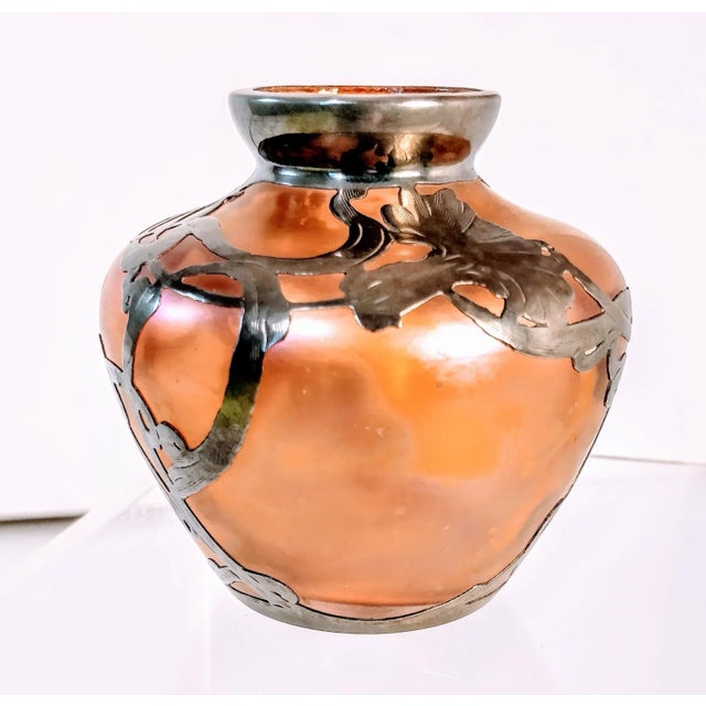 Art Nouveau Vintage Art Glass Sterling Silver Overlay Vase For Sale - Image 3 of 11