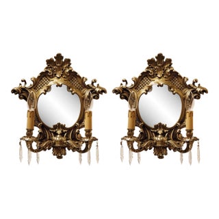 1930s Brass & Crystal Mirrored Two Arm Wall Sconces - a Pair For Sale