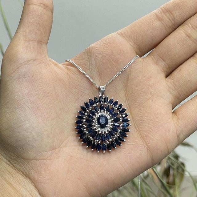 Gemstone 11 CTW Blue Sapphire & Diamond Halo Pendant in 925 Sterling Silver For Sale - Image 7 of 14