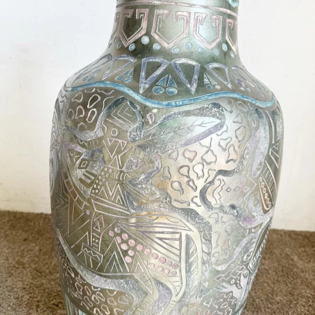 Postmodern Hand Painted and Carved Large Floor Vase For Sale - Image 4 of 7