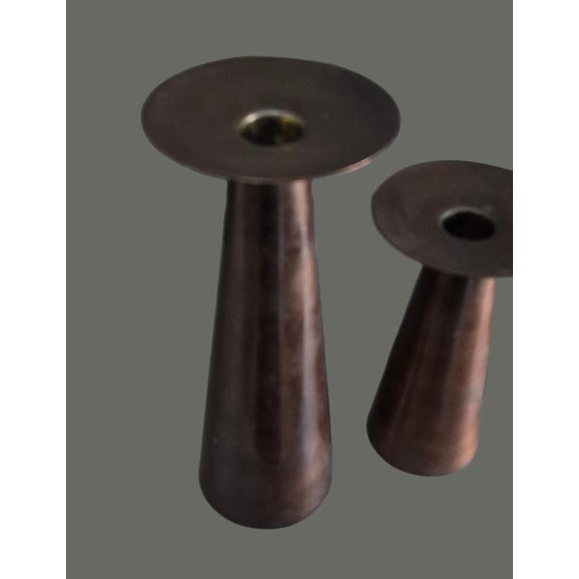 Late 20th Century Late 20th Century Arts & Crafts Style Pair of Copper Finish Metal Candle Sticks For Sale - Image 5 of 9