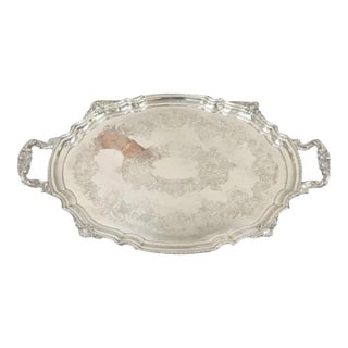 Antique English Victorian Silver Plated Ornate Oval Serving Platter Bar Tray For Sale