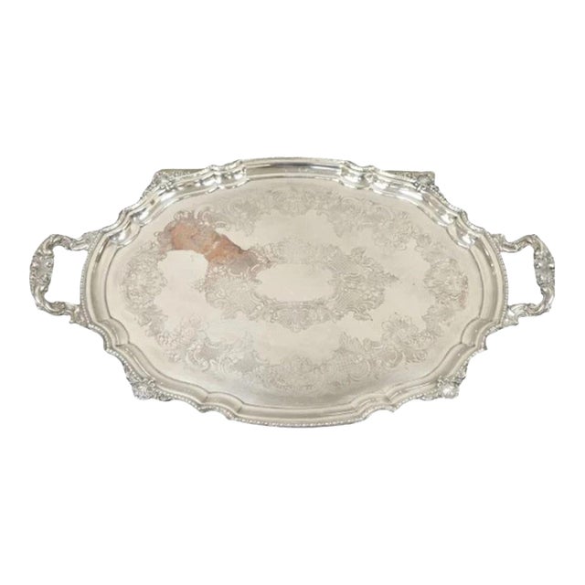 Antique English Victorian Silver Plated Ornate Oval Serving Platter Bar Tray For Sale