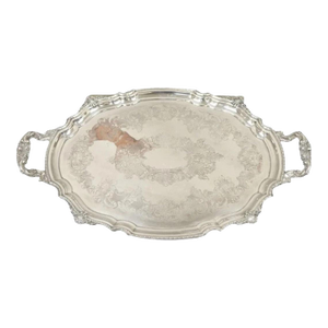 Antique English Victorian Silver Plated Ornate Oval Serving Platter Bar Tray
