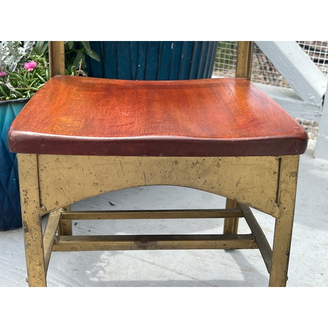 Restored 1900s Antique Child's School Chair Gold Painted Metal With Red Mahogany Colored Stained Wood Seat & Back Wooden Kindergarten Chair For Sale - Image 10 of 18