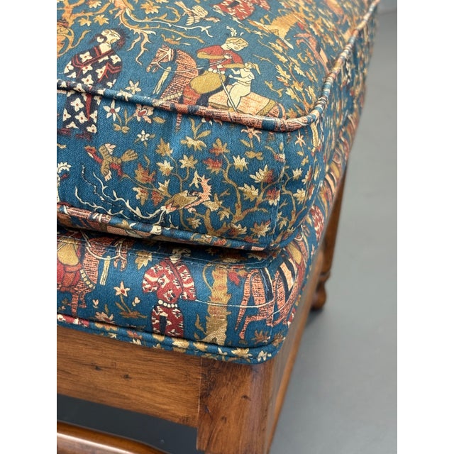 Vintage Upholstered Waverly Fabric "Persia" Ottoman With Turned Wooden Legs For Sale - Image 4 of 12