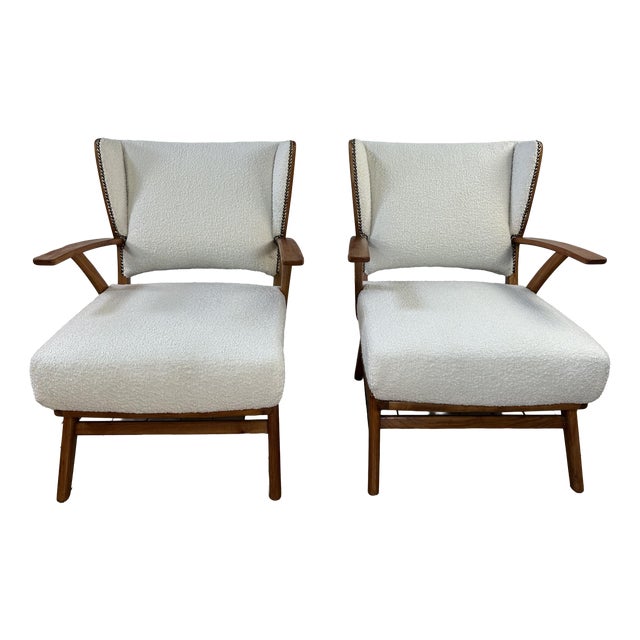 Armchairs in Wood and Bouclé Fabric, 1950s, Set of 2 For Sale