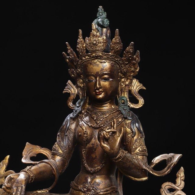 Metal Large Vintage Gilt Bronze Green Tara Statue / Tibetan Buddhist Figure For Sale - Image 7 of 9