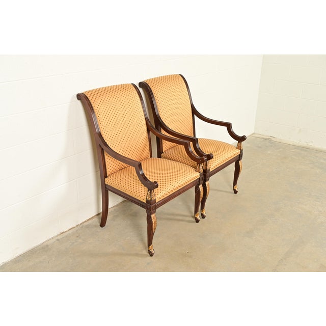 Baker Furniture Company Baker Furniture Style Regency Carved Mahogany and Gold Gilt Armchairs, Pair For Sale - Image 4 of 13