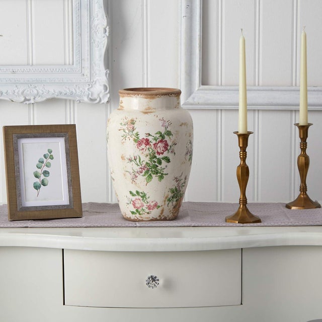 Modern Mid 20th Century Ceramic Floral Print Vase Tuscan Style Decor For Sale - Image 3 of 3