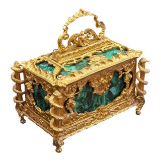 1980s French Style Green Porcelain Jewelry Box With Gilt Bronze Ormolu Details For Sale