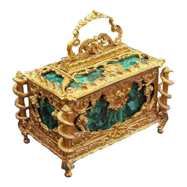 1980s French Style Green Porcelain Jewelry Box With Gilt Bronze Ormolu Details For Sale