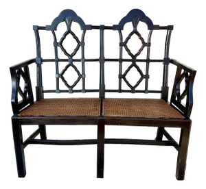Late 20th Century A Chinese Chippendale Style Ebonized Bench With Hand Caned Seats