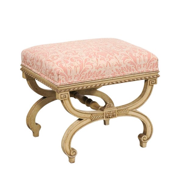 Italian Vintage Italian Curule-Style Stool Newly Reupholstered in Fortuny Fabric For Sale - Image 3 of 10