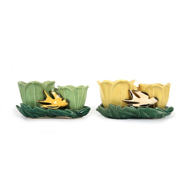 Check out this fun set of 2 McCoy pottery double plant planters. Birds and tulips. GREEN PLANTER WITH YELLOW BIRD 10.5" x...