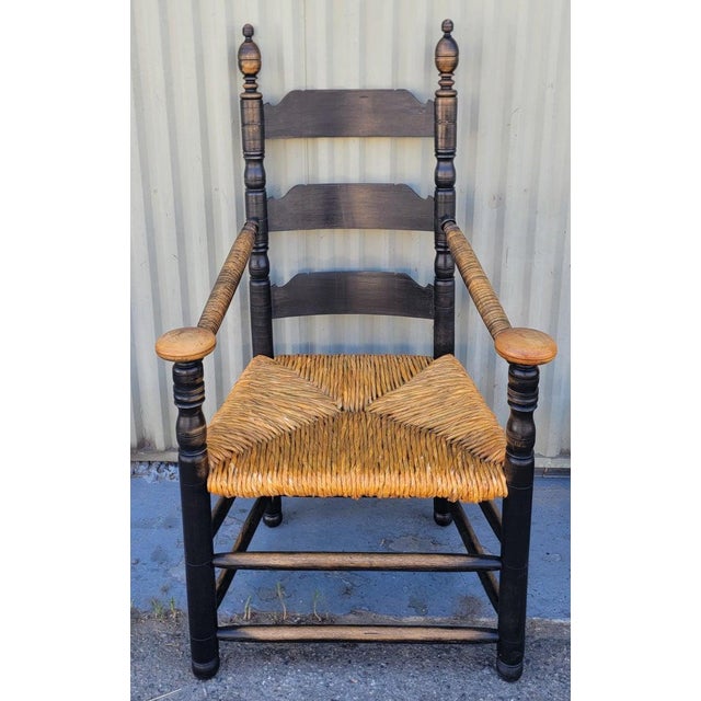 Folk Art 1960s Ladder Back Arm Chair & Foot Stool Set For Sale - Image 3 of 12