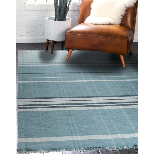 Sky Blue 9x12 Opulent Majestic Blue Geometric Modern Flatweave Wool Carpet Rug For Sale - Image 8 of 9