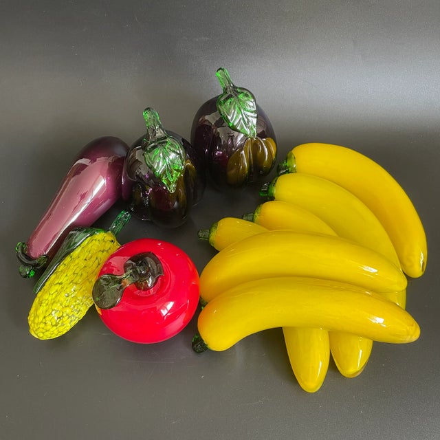 A lovely lot of 11 Mid-Century blown glass fruits and vegetables, including 2 bell peppers, 1 eggplant, 1 corn, 1 apple...