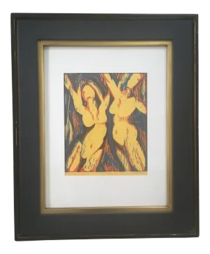 1970s Vintage "Reach Out" Abstract Nude Woman Block Print Lithograph