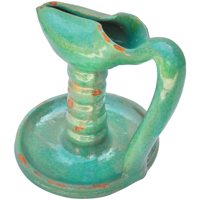 Moroccan Antique Handmade Teal Green Moroccan Judaical Ceramic Oil Lamp For Sale - Image 3 of 6