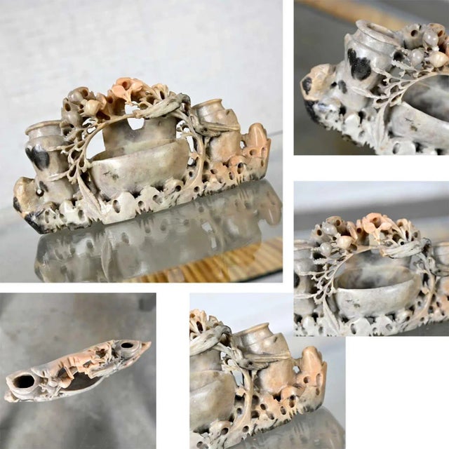 Black Chinoiserie Vignette Including Soap Stone Carving Tin Tea Canister & Jade Color Stone Grapes For Sale - Image 8 of 12